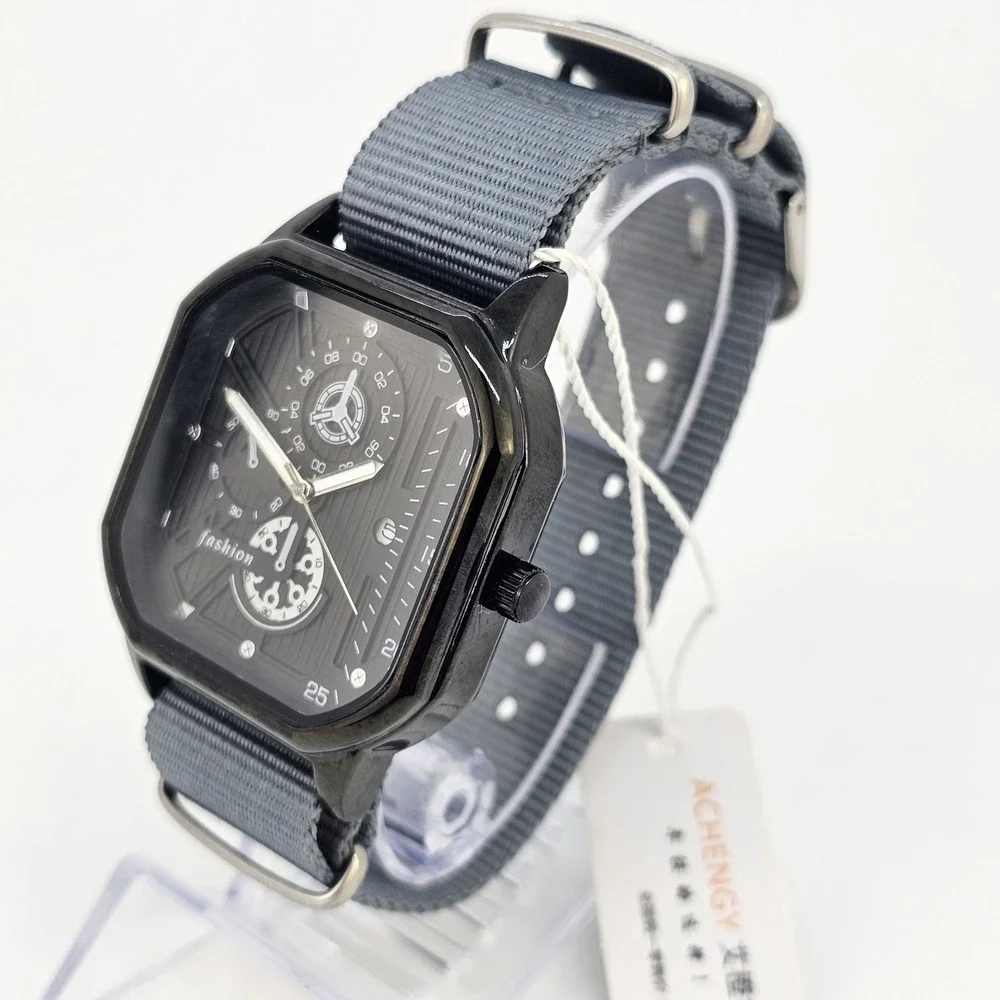 Men's 42MM Watch Black‎ Dial Date Indicator Gray Canvas Band New Battery